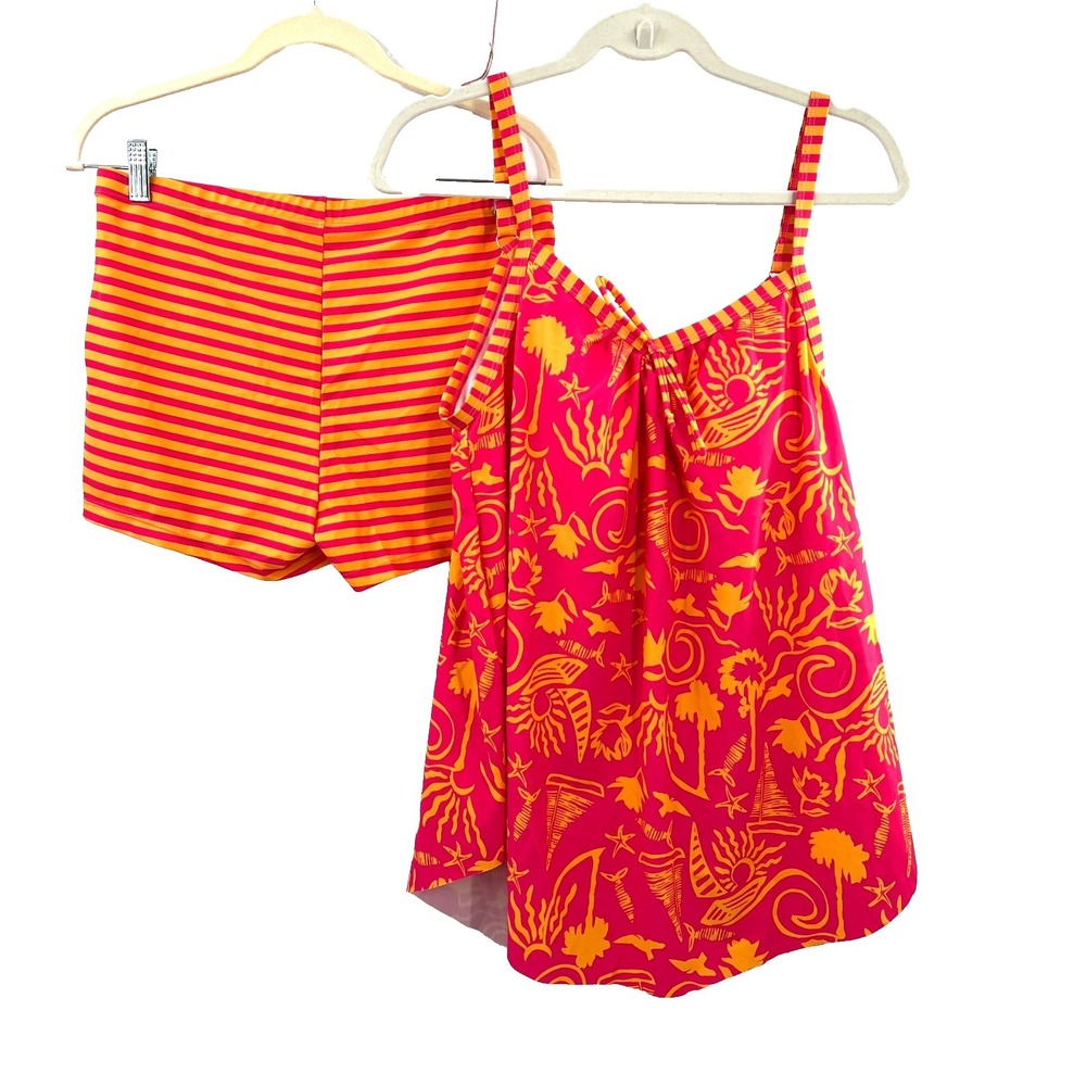 Rotita tankini‎ orange pink tropical neon bright colorful modest swimsuit L